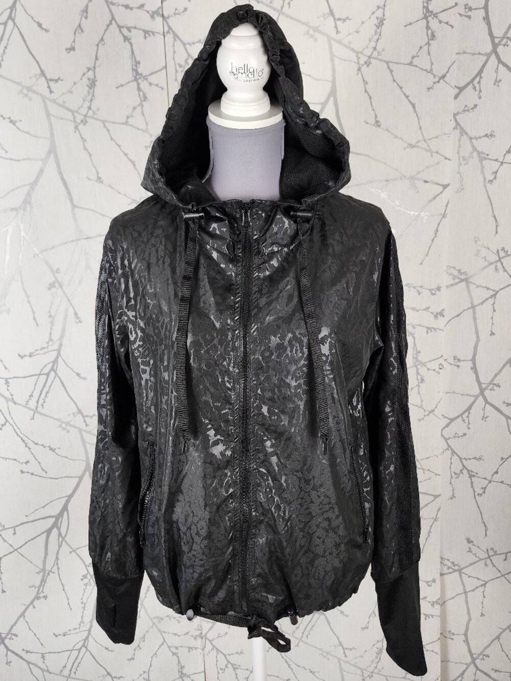 Zyia Black Leopard Print Full Zip Hooded Windbreaker Jacket